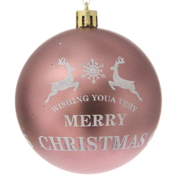 Χριστουγενιάτικη Μπάλα Ροζ Ματ, με Ελαφάκια και "Merry Christmas" (8cm)